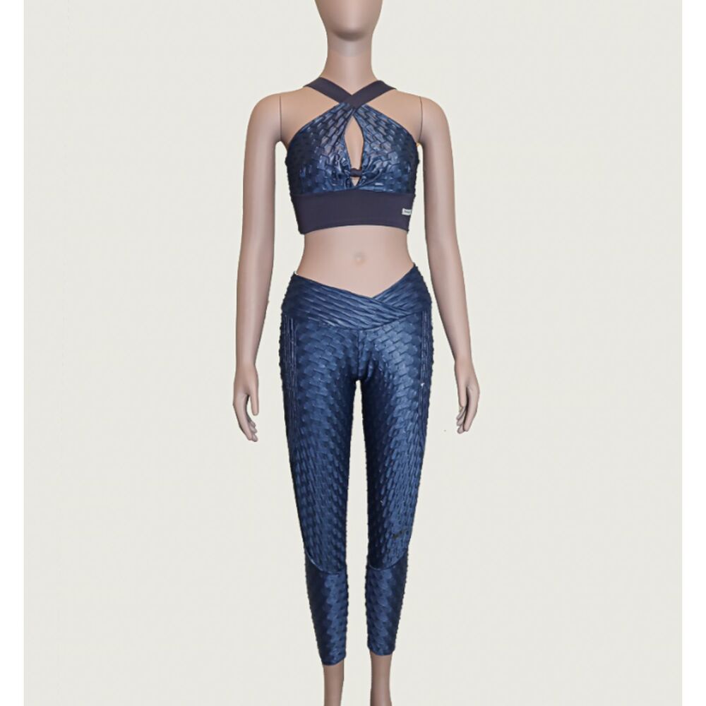 Navy Blue Textured Activewear Set Small Sports Bra & Leggings - Picture 3 of 6
